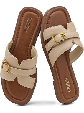 Women's Cream Square Toe Flat Sandals Slides Dressy Comfortable for Beach
